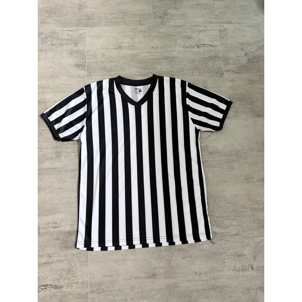 Mens Referee Shirt Black White Stripe V Neck Short Sleeve Athletic Apparel